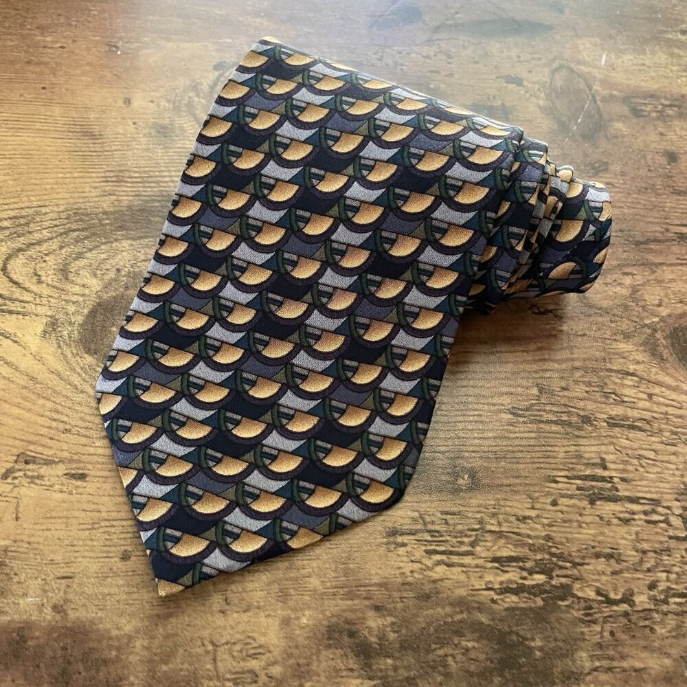 J Jerry Garcia Tie Gray Gold Geometric Print Vintage Silk Necktie Handmade